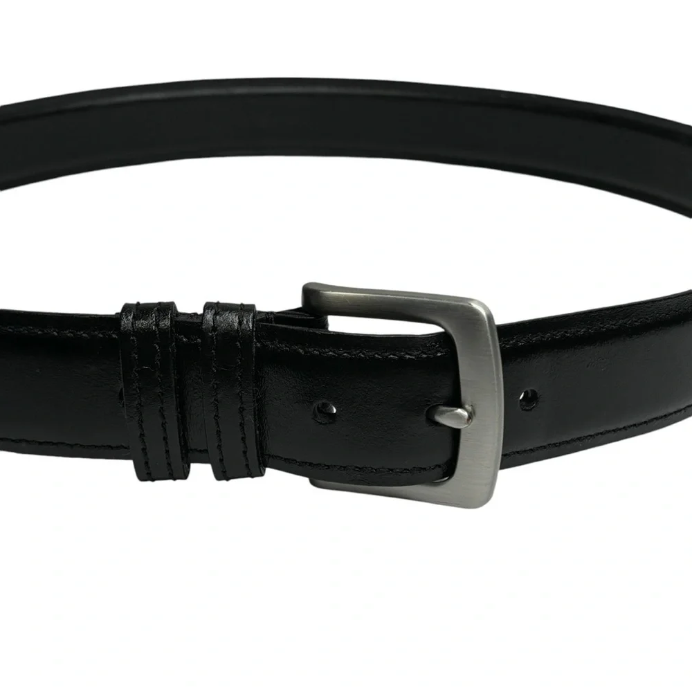 Men’s Black Leather Belt Polished Nickel (Silver/Gray Color) Size 42 / 40” Waist
